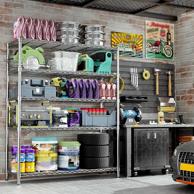 Storage Shelves, 4 PCS 48" L x 20" W x 72" H Heavy Duty Garage Wire Shelving Unit Loads 2000LBS, 5-Tier Adjustable Metal Industrial Utility Shelf Rack for Kitchen, Laundry Room, Basement
