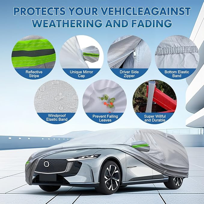 KEYOOG 6-Layer Full Car Cover is All-Weather Waterproof, Universal in All Seasons, Snow Prevention, Rainproof, Acid Rainproof, Sunscreen, Ultraviolet-Proof, Applicable to SUV and MPV (191"-200")