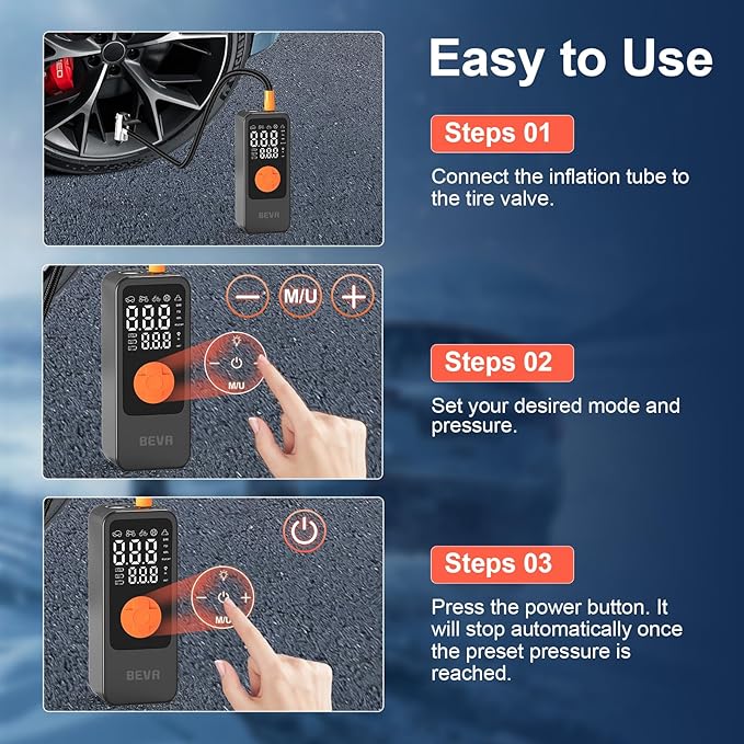 BEVA Tire Inflator Portable Air Compressor, 4X Faster Inflation Air Pump with Digital Pressure Gauge, 150PSI Cordless Tire Inflator with LED Light for Car, Electric Bikes, Motorcycle, Bike, Ball