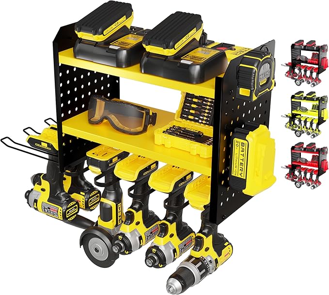 BUILTSTRONG Power Tool Organizer - 6 Drill Holder Wall Mount, 3 Tier Heavy-Duty Hand Storage Rack, Utility Racks, 2 Pegboard Sides - Garage Cordless Organizer (Yellow)