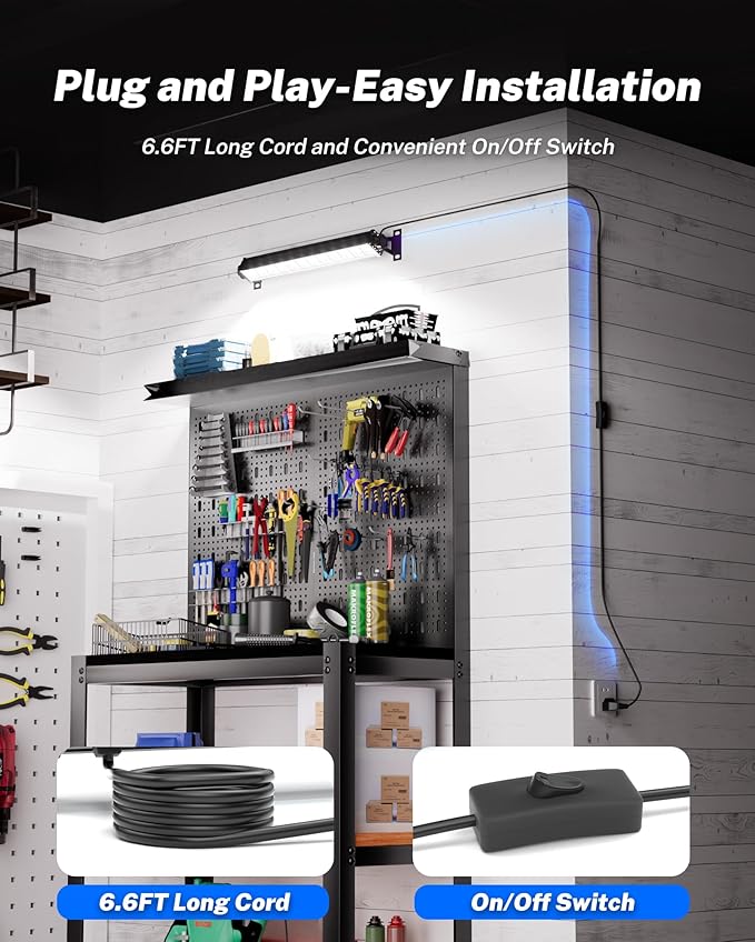 4 Pack LED Shop Lights, 40W 5400LM Plug in Garage Lights with 6.6FT Long Power Cord and On/Off Switch, 6000K Daylight White Work Light for Garage, Workshop, Warehouse