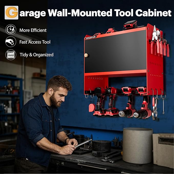 Spampur Power Tool Organizer Wall Mount with Charging Station,Garage Metal Cabinet 15 Min Quick Assembly & Max 150lb load with 6 Outlet Power Strip, 8 Slots Cordless Drill for Workshop/Shed/Tool Room