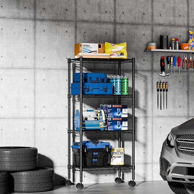 DUMOS 4 Tier Metal Shelving, Heavy Duty Shelves Wire Shelving Unit with Removable Wheel Casters, Shelves Organizer for Bathroom Garage Living Room Kitchen Pantry Laundry Black