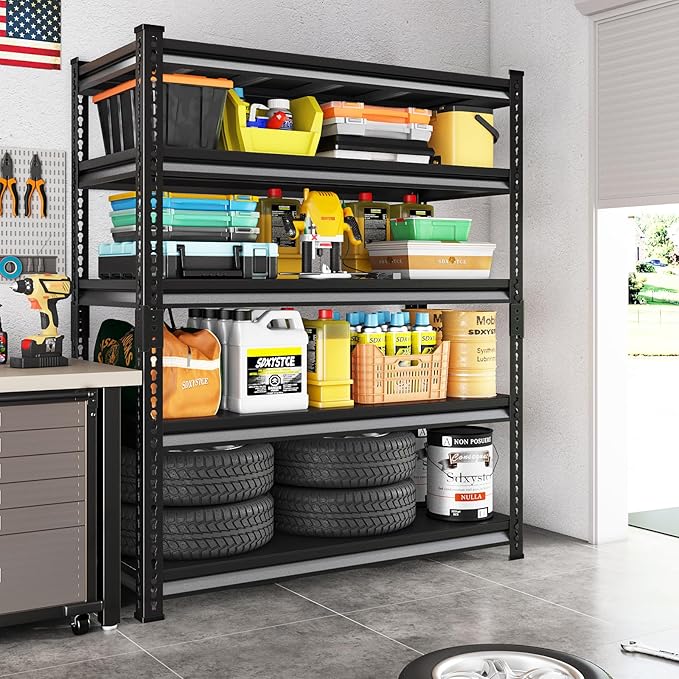 47.2" W Garage Storage Shelves Heavy Duty, 2800LBS Loads Adjustable Garage Shelving, 5-Tier Metal Shelving Units and Storage Racks, Industrial Utility Shelf,47.2" Wx17.7 Dx78 H, Black