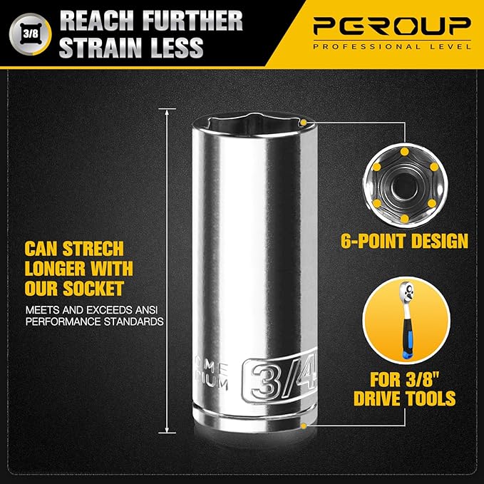 10PCS 3/8” Drive Deep Socket Set, SAE (5/16"-7/8"), 6-Point, Cr-V Steel, Chrome Plated Socket With Hanging Bracket, Cover Most Commonly Sizes