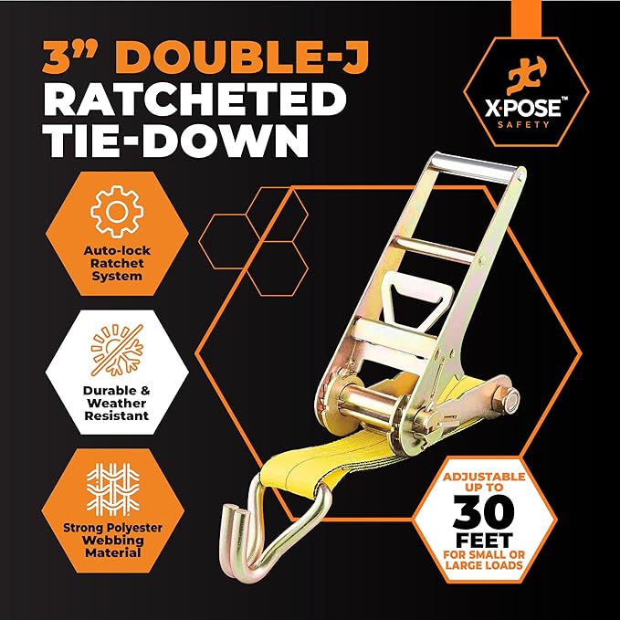 Xpose Safety 4-Pack Retractable Ratchet Straps with Double J Hooks, Heavy Duty 3" x 30', 16,200 lbs Break Strength Tie-Downs for Truck, Trailer, Kayak & Motorcycle