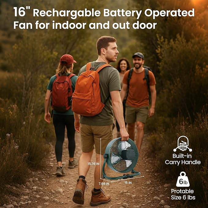 15" Rechargable Battery Operated Fan for Camping,12 Speeds Cordless Floor Fan，Rechargeable Portable Fan for Travel Indoor Outdoor, 12000mAh, 360°Manual Tilt