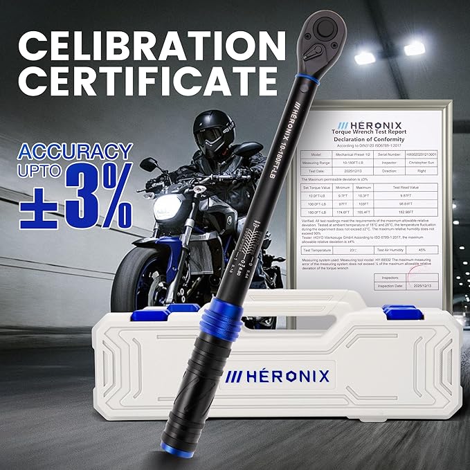 1/2 Inch Drive Click Torque Wrench, 10–180 Ft.Lb/13.6–244.0 Nm ±3% Accuracy, 72-Tooth Dual-Direction Ratchet, Adjustable Newton Meter Torque Wrenches for Motorcycle,Car & Bicycle Repair