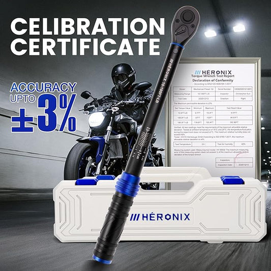 1/2 Inch Drive Click Torque Wrench, 10–180 Ft.Lb/13.6–244.0 Nm ±3% Accuracy, 72-Tooth Dual-Direction Ratchet, Adjustable Newton Meter Torque Wrenches for Motorcycle,Car & Bicycle Repair