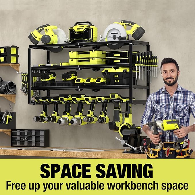 MOOMSINE 4 Layer Power Tool Organizer Wall Mount, Battery Tools Holder with Charging Station Shelf, Cordless Drill Hanger Storage Rack for Garage Organization, Workshop, Pegboard - 32 Inch 8 Slots