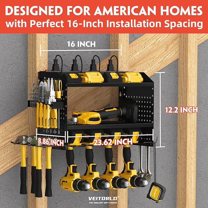 Power Tool Organizer with Charging Station, Heavy Duty Modular Wall Mount Rack for Garage & Shed Organization, 4 Drill Holders, Fathers Day Anniversary Birthday Gifts for Men Dad Him Husband(Black)