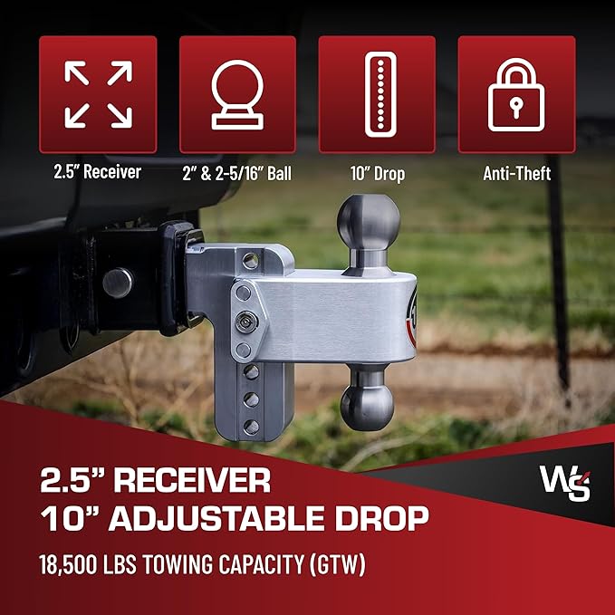 Weigh Safe Adjustable Trailer Hitch Ball Mount, 10" Adjustable Drop Hitch for 2.5" Receiver w/ 2 pc Keyed Alike Lock Set, Heavy Duty Aluminum Trailer Tow Hitch w/ Stainless Steel Tow Balls, 18,500 GTW