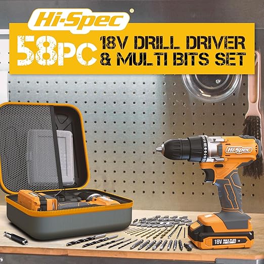 Hi-Spec 58 Piece 18V Cordless Drill Driver & S2 Steel Bit Set in a Zipper Case. Electric Power Screwdriver & Drilling DIY Tool for Metal, Wood & Masonry in the Home, Garage & Workshop