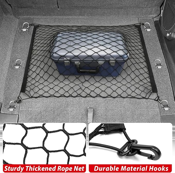 Cargo Net Fit for 2018-2025 Jeep Wrangler JL JLU 4XE Rear Trunk Net with Hooks Trunk Bed Netting Cover Organizer for 2024 Wrangler 4 Door Accessories(Wrangler Cargo Floor Net)