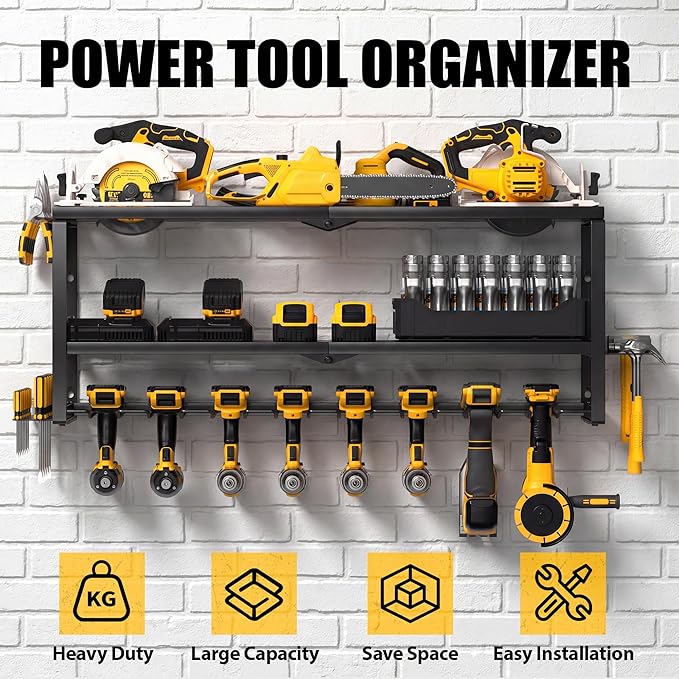 MOOMSINE Power Tool Organizer Wall Mount, Heavy Duty Metal Tool Storage Rack Loads 320lbs, 8 Cordless Drill Holder 3 Layer for Garage, Workshop, Tool Room, Gift for Men