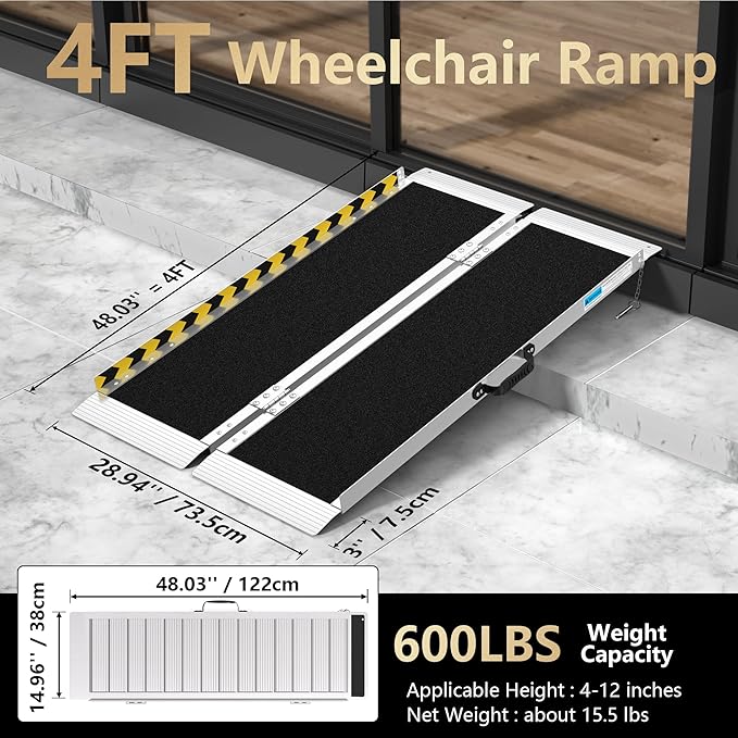 4FT Portable Wheelchair Ramp, Non-Slip Aluminum Folding Handicap Ramp, Ramps for Wheelchairs for Home with Handle, Wheelchair Ramps for Home Steps/Stairs/Threshold/Doorways/Scooter, 600LBS Capacity