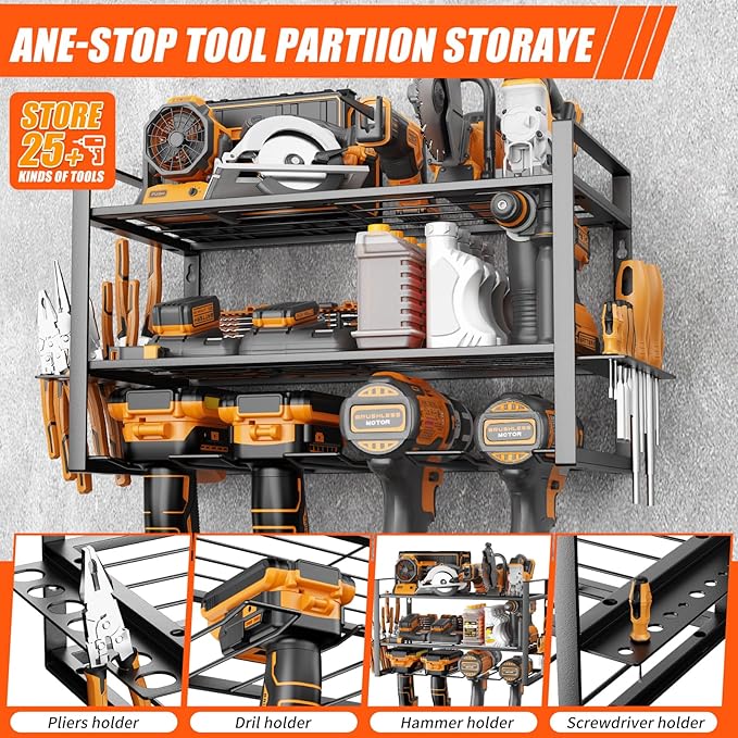 Wall Mount Tool Organizer, 3-Layer Heavy Duty Metal Rack for 4 Drills, with Screwdriver and Hammer Holder, 150 Lbs Capacity, Garage and Workshop Storage (trumpet, 3-4)