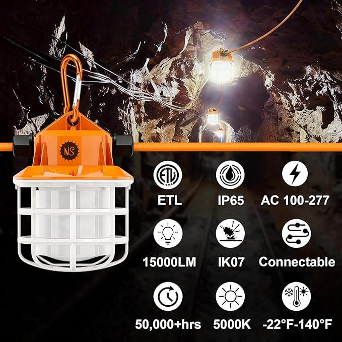 NS 100FT Construction String Lights 150W LED Industrial Grade 15000LM 5000K IP65 Linkable for Construction Sites, Temporary Work, Renovation, Jobsite,All Outdoor Lighting, with 10 Bulbs and Hook