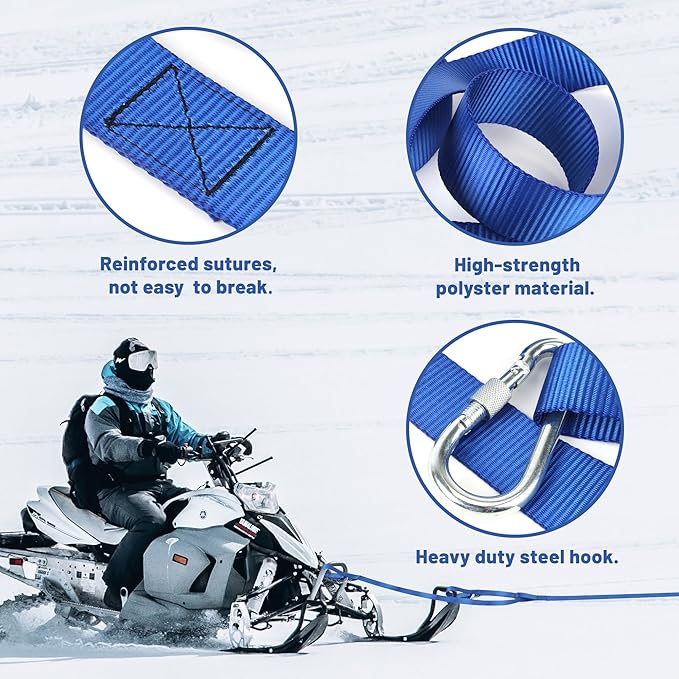 14.5ft Snowmobile Tow Straps, Snowmobile Tow Rope,Heavy-Duty ATV Towing Rope with Stainless Steel Hooks for Sled Snowboards Emergency Safety Tool Accessories Kit