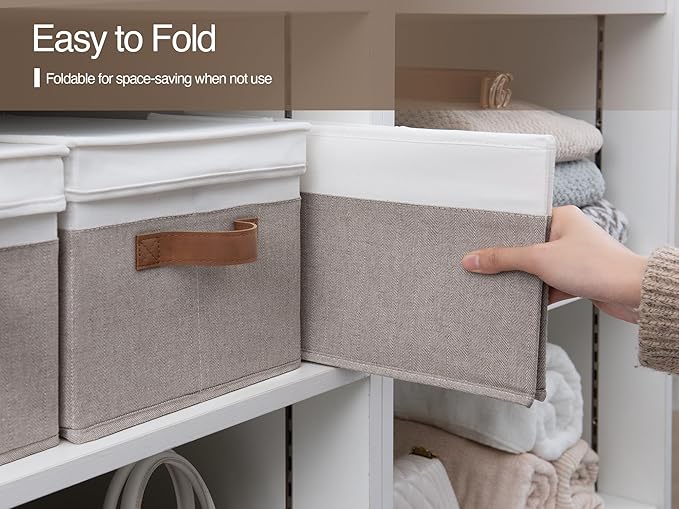 StorageWorks Storage Bins with Lids, Decorative Storage Boxes with Lid and PU Handles, Foldable Storage Baskets for Closet, Shelves, Stackable, Brown and White, 3-Pack