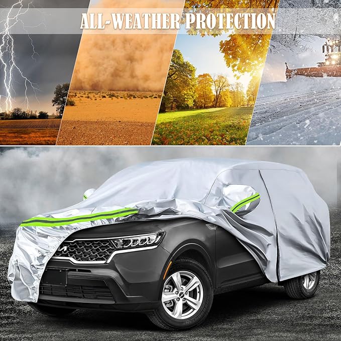 Waterproof Car Covers Replace for 2009-2025 Kia Sorento, 6 Layers Silver All Weather Car Cover with Zipper Door & Windproof Bands for Snow Rain Dust Protection