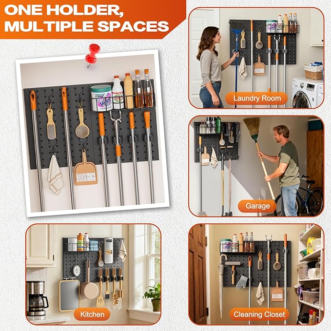 Broom Holder Wall Mount, Peg Board Wall Organizer with Mop Hanger Gripper Hooks Basket, Laundry Room Organization and Storage with Cleaning Supplies Organizer, Metal Pegboard for Utility Closet Garage
