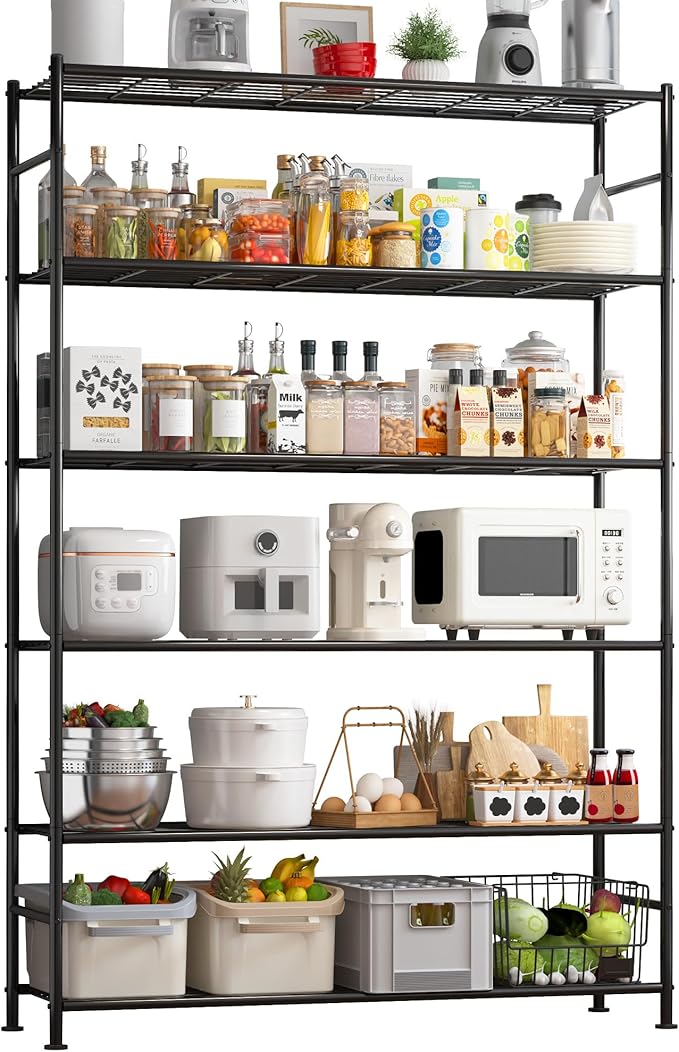 Sakugi Storage Shelves - 6 Tier Shelf Organizer, Heavy Duty Garage Shelving Unit with Leveling Feet, Stable Metal Shelves Organizer for Pantry, Kitchen and Closet, 46.3" W x 12.6" D x 76.1" H, Black