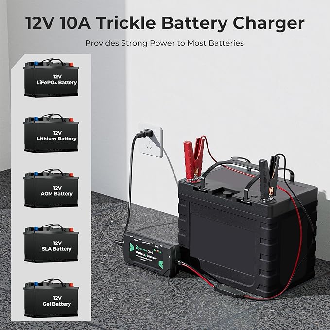 12V 10A Lithium Battery Charger, RoyPow 12V 10A LiFePO4 Battery Charger, 12V Automatic Trickle Battery Chargers, 10A Battery Maintainer for LiFePO4 Batteries, Lithium Batteries, Car, Marine