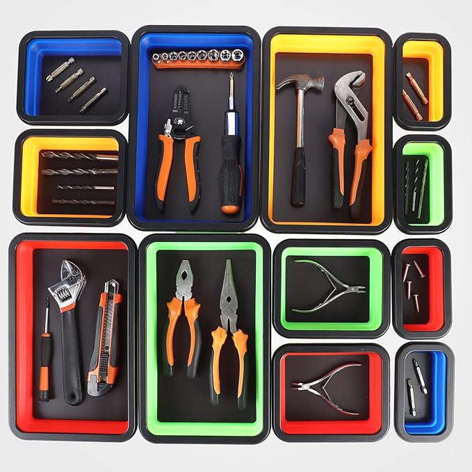 12 Pcs Collapsible Magnetic Parts Tray Set Foldable Tool Storage Organizer Magnetic Tray 3 Different Size Collapsible Bowl for Screw, Bolts, Nuts, Washers, Pins, Tool Gift for Men(Multicolor)