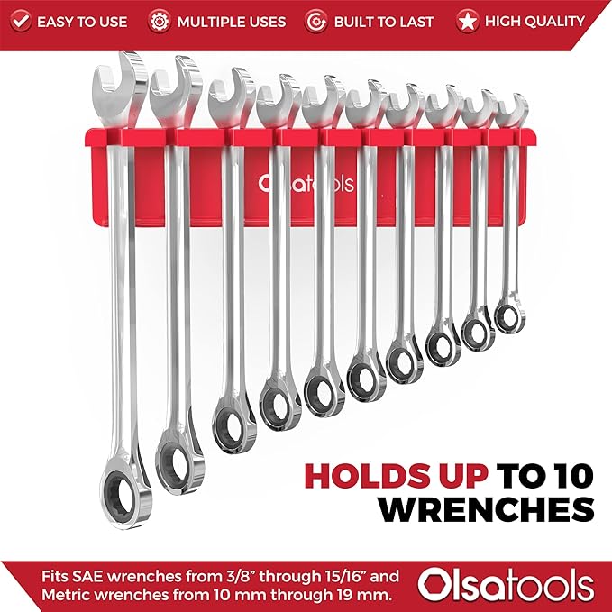 Olsa Tools Magnetic Wrench Organizer - Red - Holds SAE 3/8" to 15/16" & Metric 10mm to 19mm Wrenches - Durable Tool Storage Solution - Part 1003