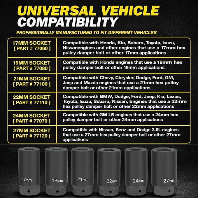 1/2’’ Drive Weighted Crank Bolt Socket Set, 17MM, 19MM, 21MM, 22MM, 24MM, 27MM, Harmonic Balancer Socket Set, Weighted Metric Deep Impack Socket Kit, 3 Times Momentum Power of Standard Impact Socket