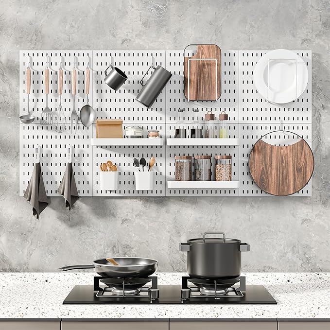 MULSAME Pegboard Combination Kit, Wall Mounted Storage Set with 8 Pegboards & 32 Accessories Hanging, White Peg Boards Organizer for Walls Display, Crafts Organization, Kitchen Organizer, 22" x 44"