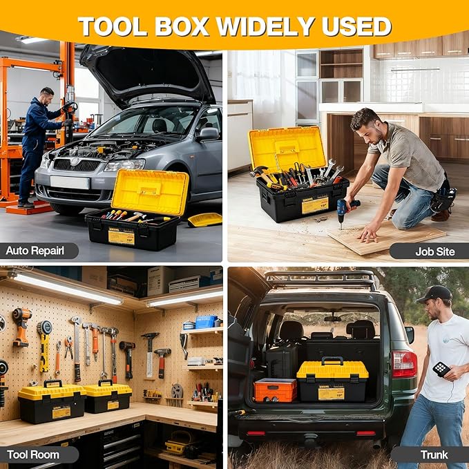 4 Pack Tool Box Heavy Duty Plastic Toolbox with Removable Trays & Dividers,Professional Lockable Portable Storage Box 13"15"17"19"Organizers for Garage Workshop Jobsite Home Hand Power Craft Tools