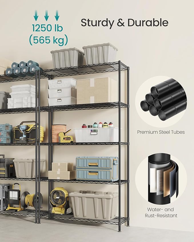 SONGMICS Storage Shelf, Metal Wire Shelving Unit, Adjustable Shelves, for Garage, Bedroom, Living Room, Kitchen, Pantry, 5 Tier, 11.8 x 35.4 x 63 Inches, Ink Black ULGR195BH01S