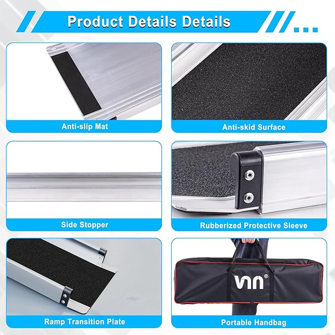 VNN Adjustable Wheelchair Ramp, 4-7 FT Portable Wheelchair Ramp for Home Step, Door Threshold Wheelchair Ramps for Home, Non-Slip Aluminum Scooter Ramp for Car, Doorways, Curbs, Stairs