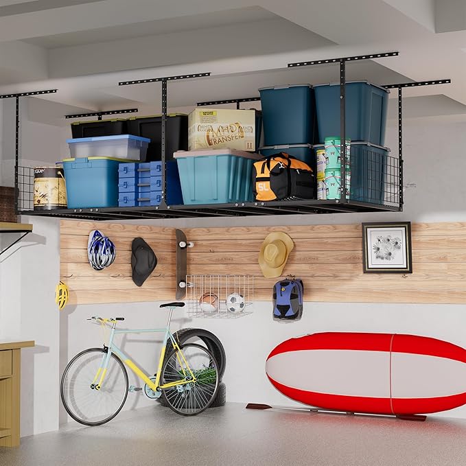 Soywey 3 x 8FT Overhead Garage Storage Rack,Adjustable Ceiling Storage Racks,Garage Shelving Heavy Duty Storage Organizer System With Sidebar,Load 600LBS Weight