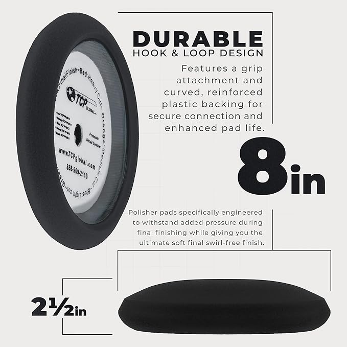 TCP Global 8" Black Foam Buffing Pad Extra Fine Finishing Polish Hook and Loop Backing - Buffing Pad for Automotive, Marine, Truck, RV & Compound Cutting