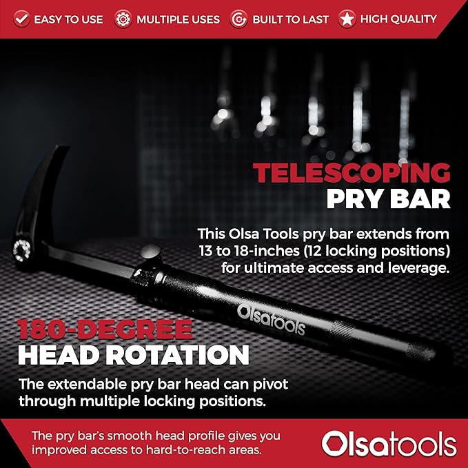 Olsa Tools Adjustable Pry Bar - Adjustable Angles & Extendable Length From 13.3"-18.5" - Extendable and Indexable Pry Bar - Indexing Pry Bar for Mechanics - Professional Grade - Part 1260