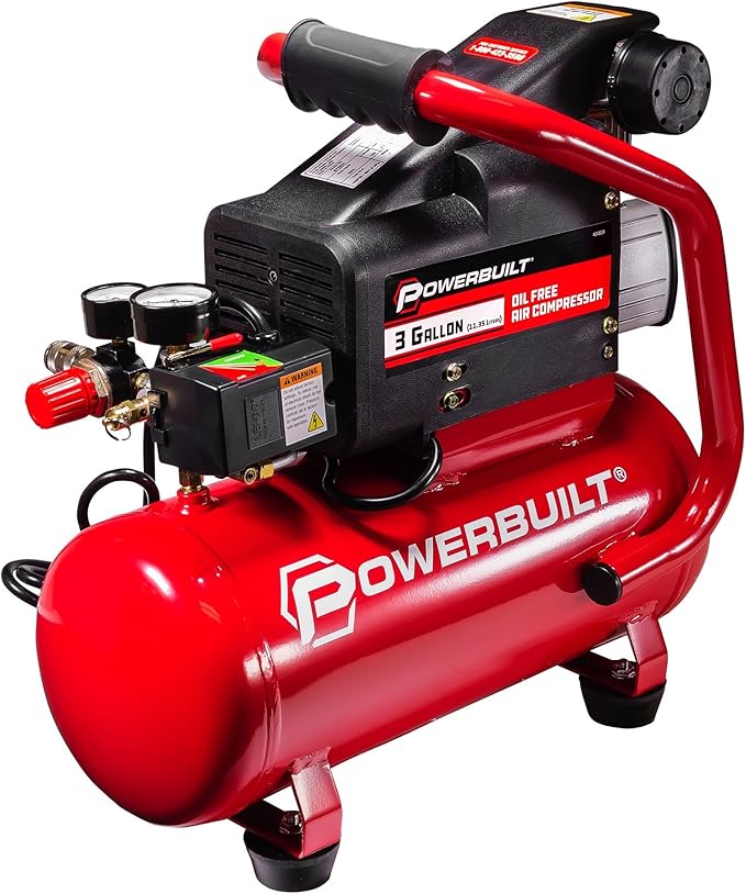 Powerbuilt 3 Gallon Air Compressor – 125 PSI, Oil-Free, Quiet Hot Dog Style – Includes 25 Ft. Air Hose & 10-Piece Accessory Kit – 240039