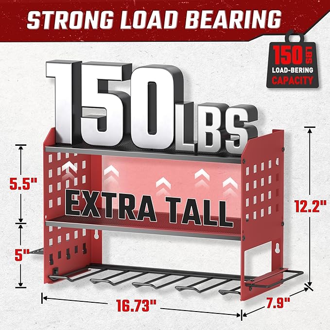 SUNALLY Power Tool Organizer, Heavy Duty Wall Mount Tool Organizer 3 Layers with 4 Drill Holders, Garage Tools Storage Rack with 2 Side Pegboards and Hooks for Workshop, Shed, Red