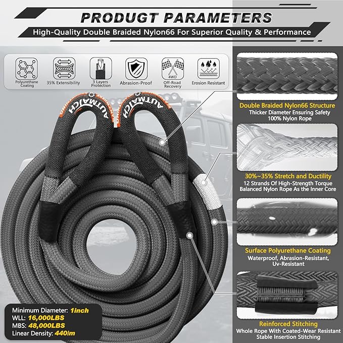 AUTMATCH Kinetic Recovery Tow Rope 1" x 30FT - Heavy Duty Energy Recovery Tow Rope 48000Lbs, 35% Elasticity Offroad Snatch Strap for 4x4 Off-Road Vehicle, Truck, Trailer, ATV, UTV, Gray
