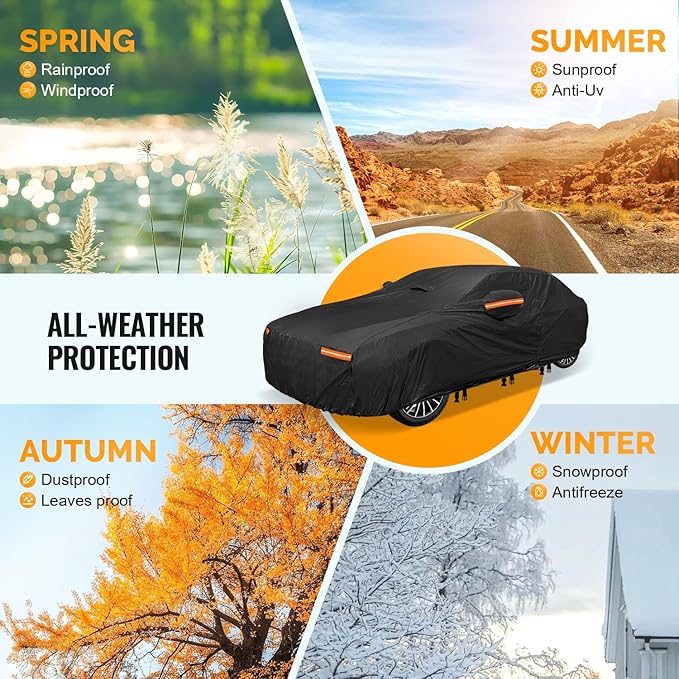 Heavy Duty Car Cover for Automobiles All Weather Waterproof, Outdoor Snowproof UV Protection Windproof, Door Zipper, Soft Cotton Universal Car Covers (Black, Fit Sedans 191"-200")