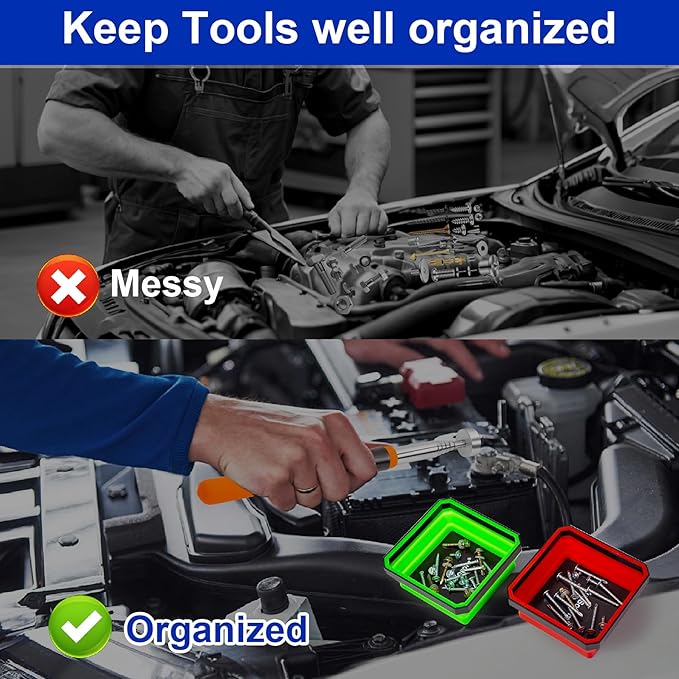 Collapsible Dual-Sided Magnetic Parts Tray Set, 4-Pack 4.5” Tool Trays for Screws Bolts Nuts Washers Pins with 1pc Magnetic Suction Rod