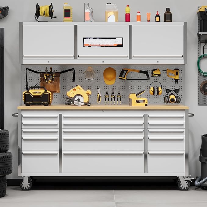 Tool Chest, 72 Inch Tool Box Mobile 9 Drawers Storage Rolling Cabinet with Wheels Lock Key Locking System Drawer Liners for Garage Warehouse Repair Shop, Sliver