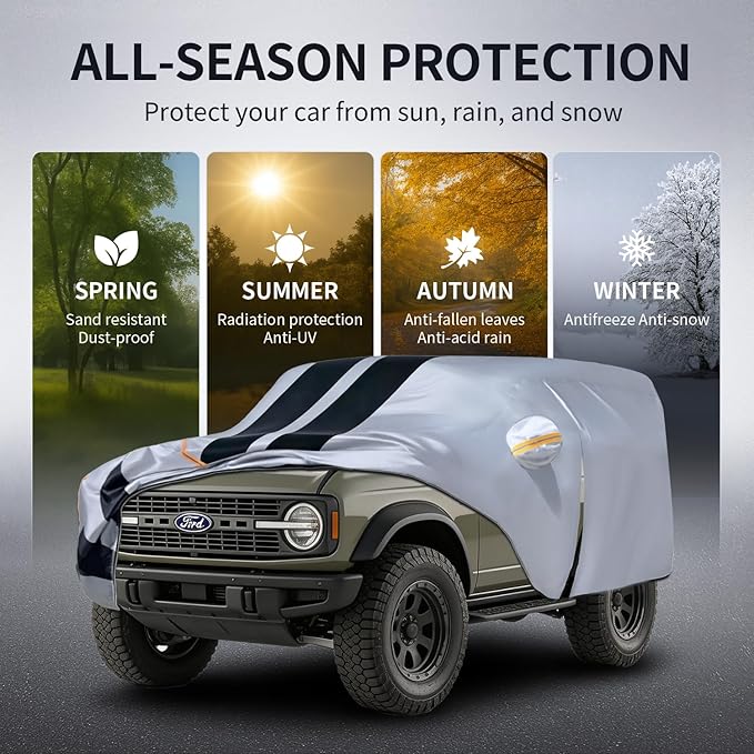 Multi-Layer Car Cover Custom Fit for Ford Bronco 2dr/Sport(2020-2026), 100% Waterproof All Weather for Automobiles, Gift with Towel, Heavy Duty Car Covers for Rain Sun UV Protection with Door Zipper
