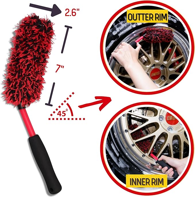 oesee Angled Wheel Brush Kit 3 Pack- Angled Microfiber Wheel Brush, Wheel Barrel Brush, Detailing Brush Scratch Free Calipers Woolies Spoke Brush Cleans Brake Dust from Barrels& Hard to Reach Areas