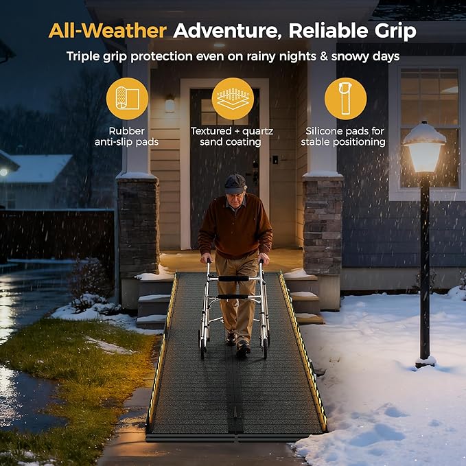 CAMMOO 7 FT Portable Wheelchair Ramp-800LBS Heavy-Duty, High-Strength Aluminum Alloy with 4 Adjustable Legs, 4 Wheels, Triple Anti-Slip and Seamless Design, Ideal for Home Steps, Threshold, Doorways