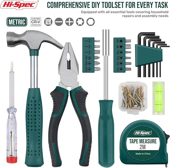 Hi-Spec Small Tool Kit Compact Set for Home and Office DIY, 25-Piece Green Mini Tool Box for Basic Household Repairs, Starter Toolkit in a Portable Toolbox Case.