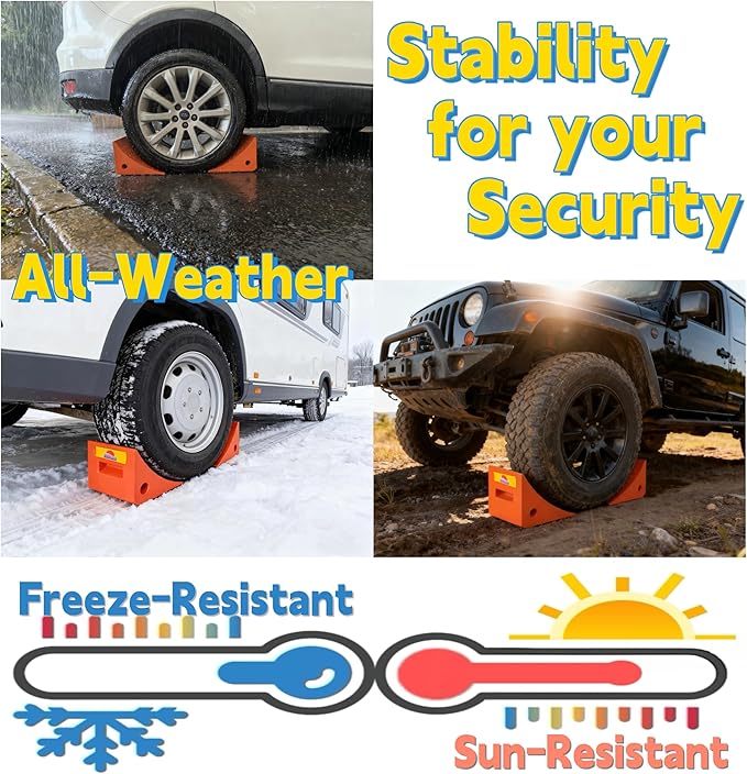 Heavy Duty Orange PU Wheel Chocks with Reflective Strips - 2-Piece M(10.8x7.75x7.5 Inch),All-Weather, Non-Slip & Portable Parking Security for Truck, RV, Trailer (2, M)