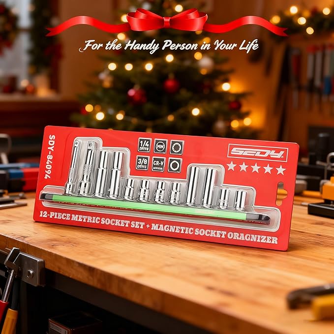 12-Piece 1/4" & 3/8" Drive 10mm Socket Set with 3-inch 3/8 & 1/4 Extension Bars | Deep & Shallow Mirror Finish Socket Set | Magnetic Storage Rail | Cr-V | 6 Point & 12 Point (13 Pack)
